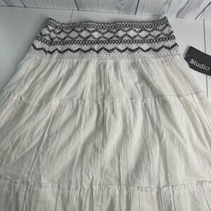 NEW Studio West Women's White Gauze Maxi Skirt Black Embroidered Petite Med Boho